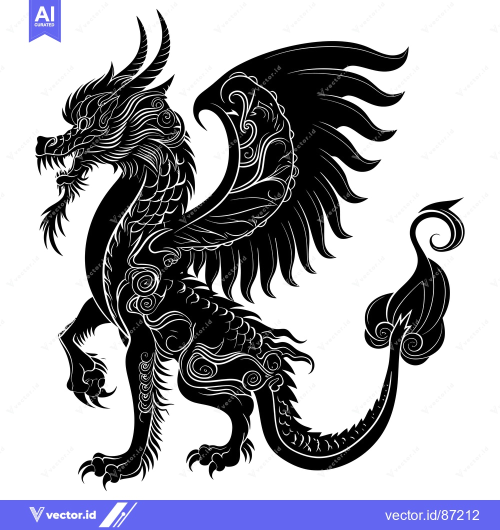 Premium Vector dari A Black and White Illustration of a Winged Dragon with Intricate Detai