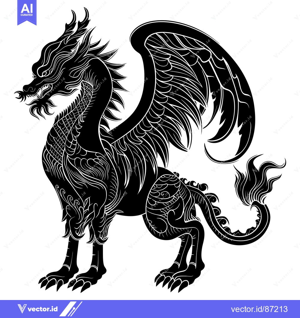 Premium Vector dari Black and White Illustration of a Winged Dragon with Intricate Details