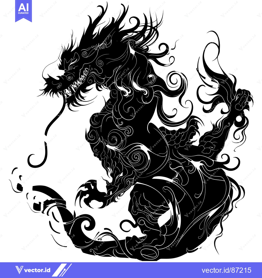 Premium Vector of A Black and White Detailed Silhouette of a Dragon