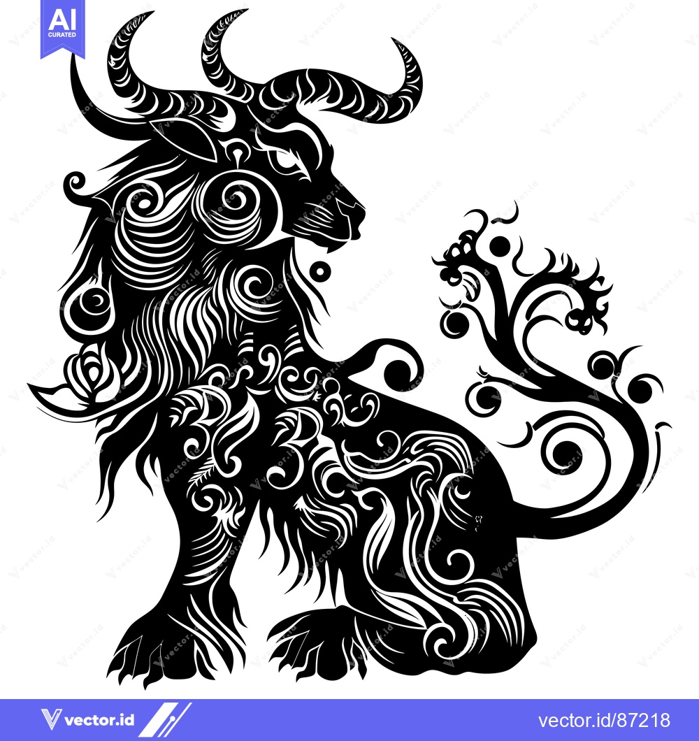 Premium Vector of Black and white stylized illustration of a mythical beast with horns a