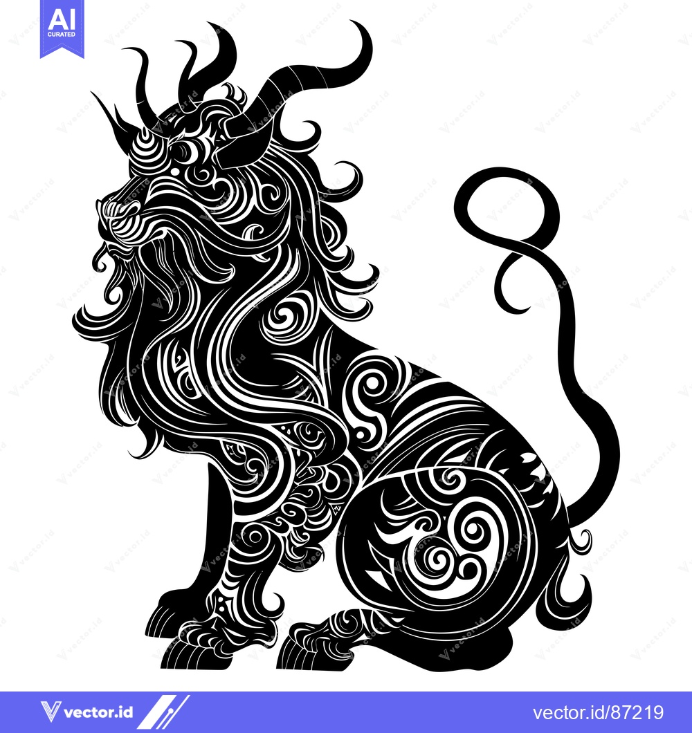 Premium Vector of Ornate Black and White Lion with Curly Mane and Tail