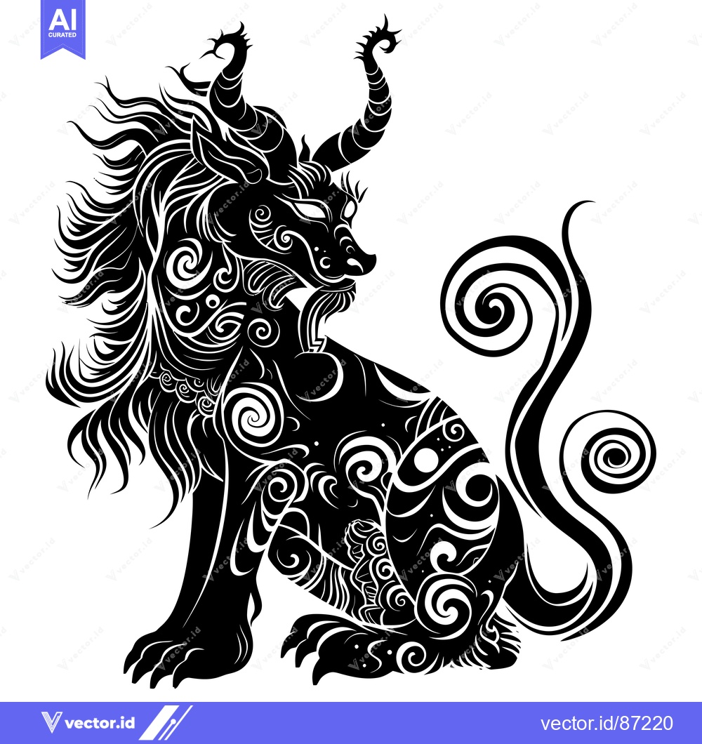 Premium Vector of Black and White Illustration of a Mythical Creature with Horns and Spi