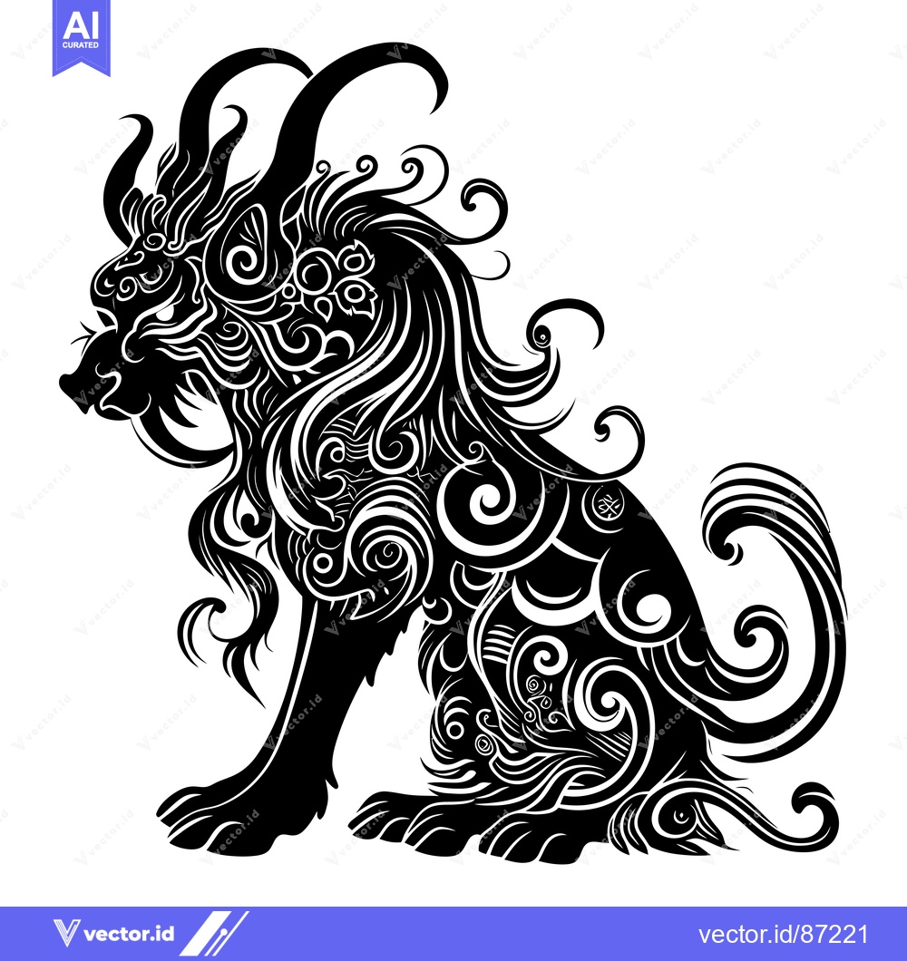 Premium Vector of Ornate Black and White Illustration of a Sitting Mythical Creature wit