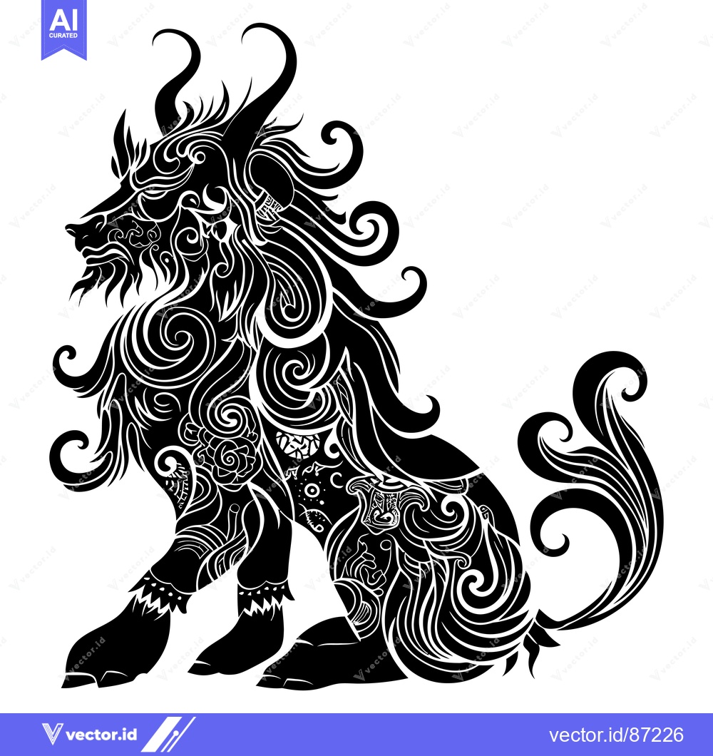 Premium Vector dari Ornate Black and White Sitting Lion with Curved Patterns