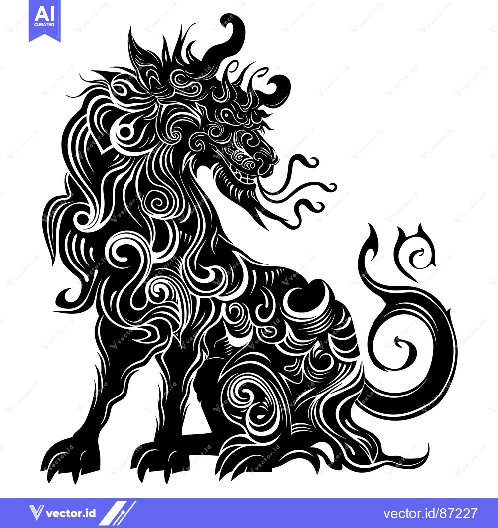 Premium Vector dari A stylized black and white illustration of a mythical Chinese guardian