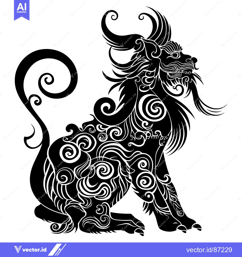Premium Vector dari Ornate Black and White Lion with Detailed Fur and Swirls