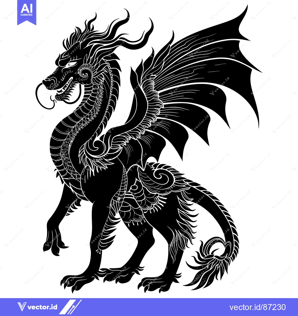 Premium Vector dari Black and White Silhouette of a Standing Dragon with Intricate Detail