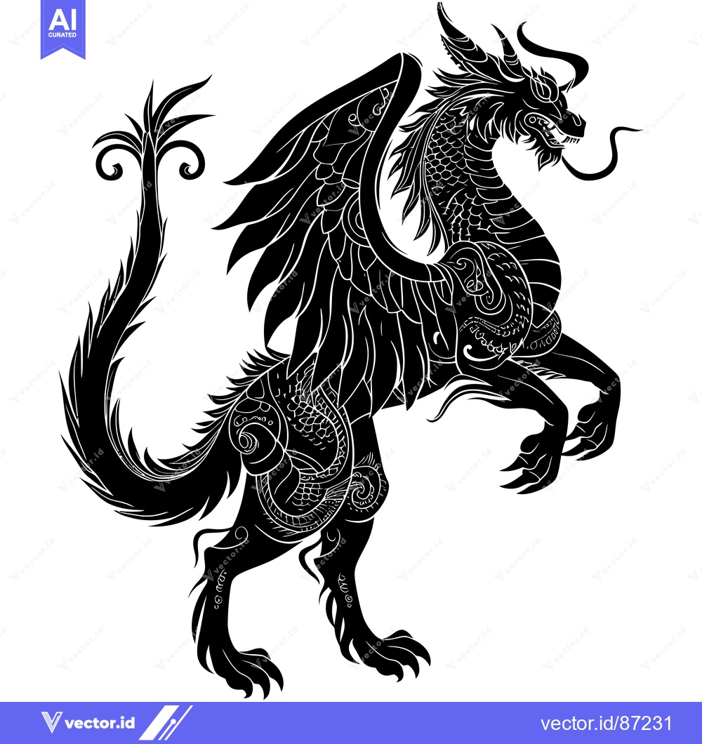 Premium Vector of Black and White Silhouette of a Mythical Winged Dragon