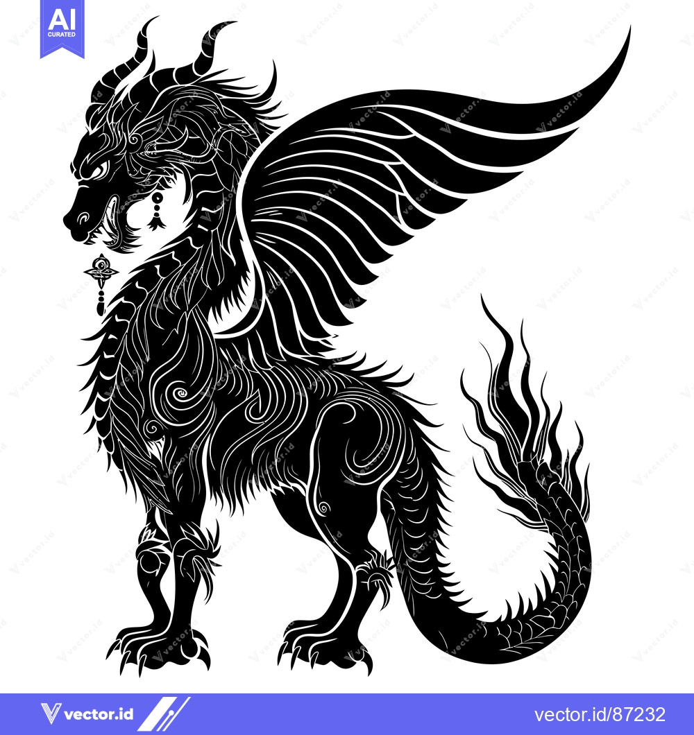 Premium Vector dari Ornate Black and White Dragon with Wings and a Tail