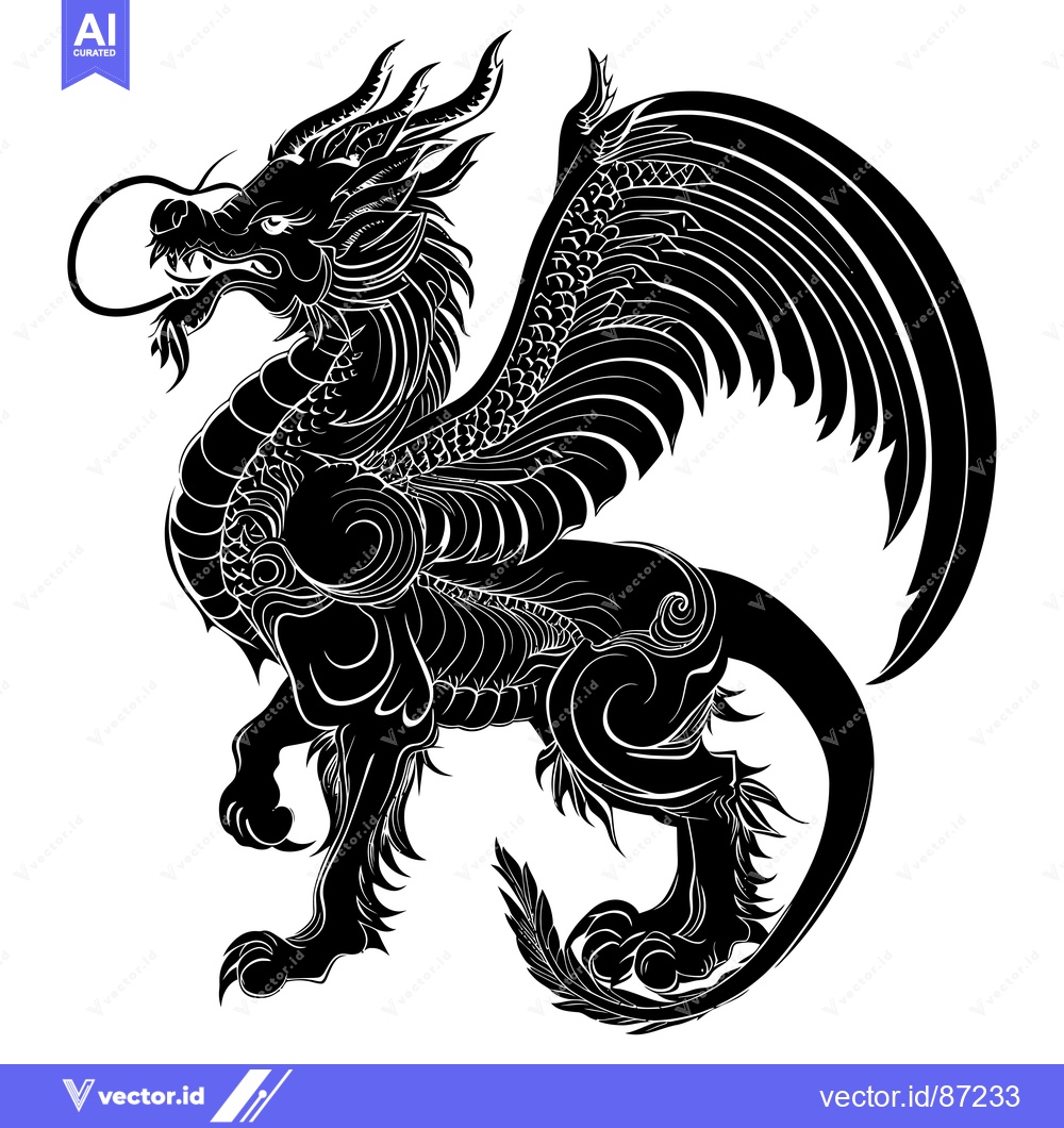 Premium Vector of Black and White Ornate Dragon Silhouette
