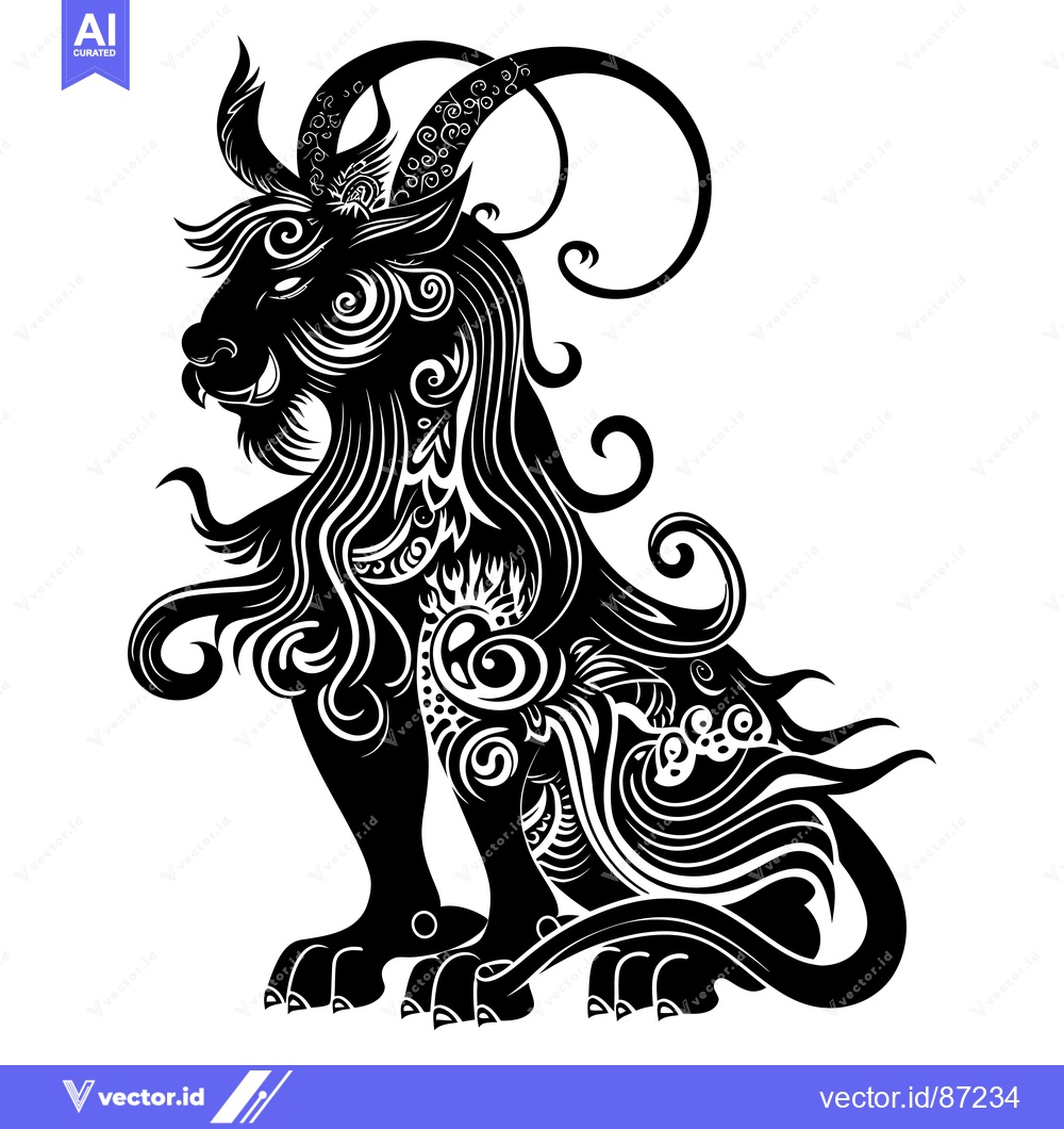 Premium Vector dari Black and White Stylized Lion with Floral Patterns