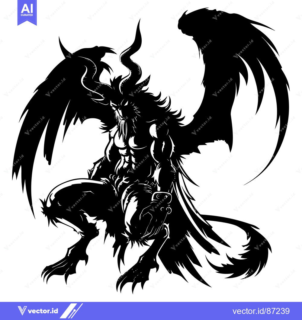 Premium Vector dari Black and white silhouette of a demonic, winged creature with horns