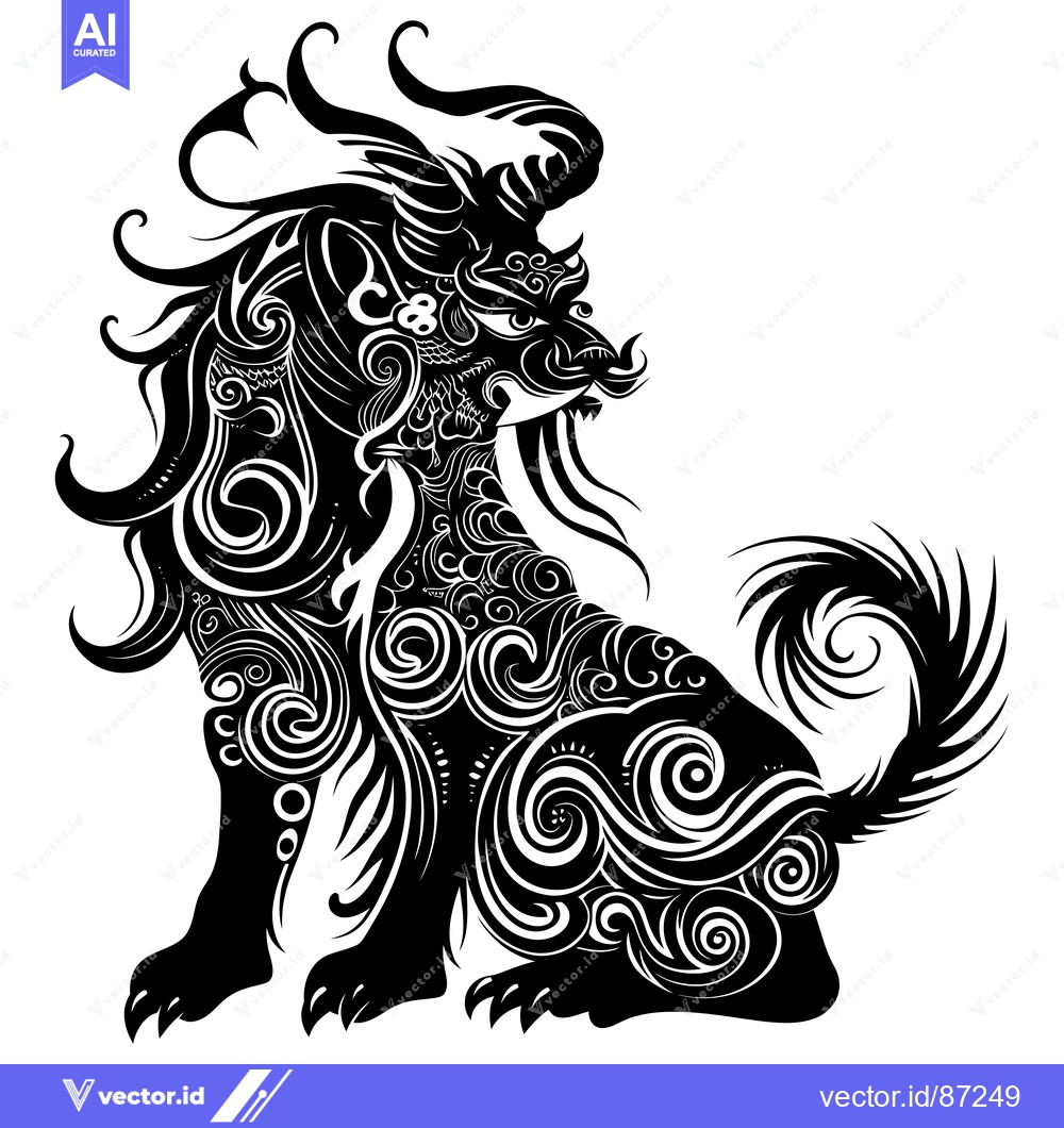 Premium Vector dari Ornate Black and White Chinese Lion Illustration