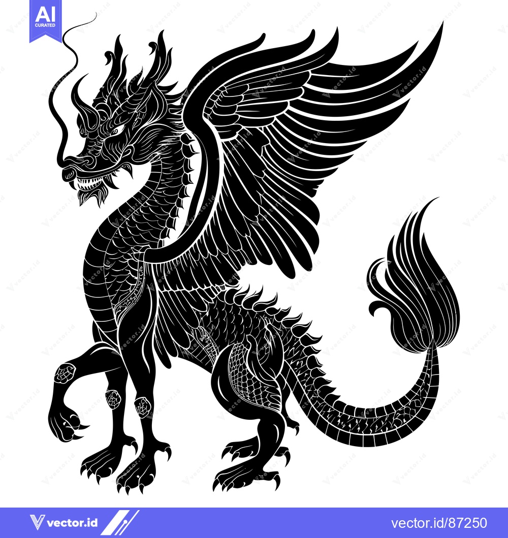 Premium Vector dari Black and white illustration of a winged dragon with ornate details.