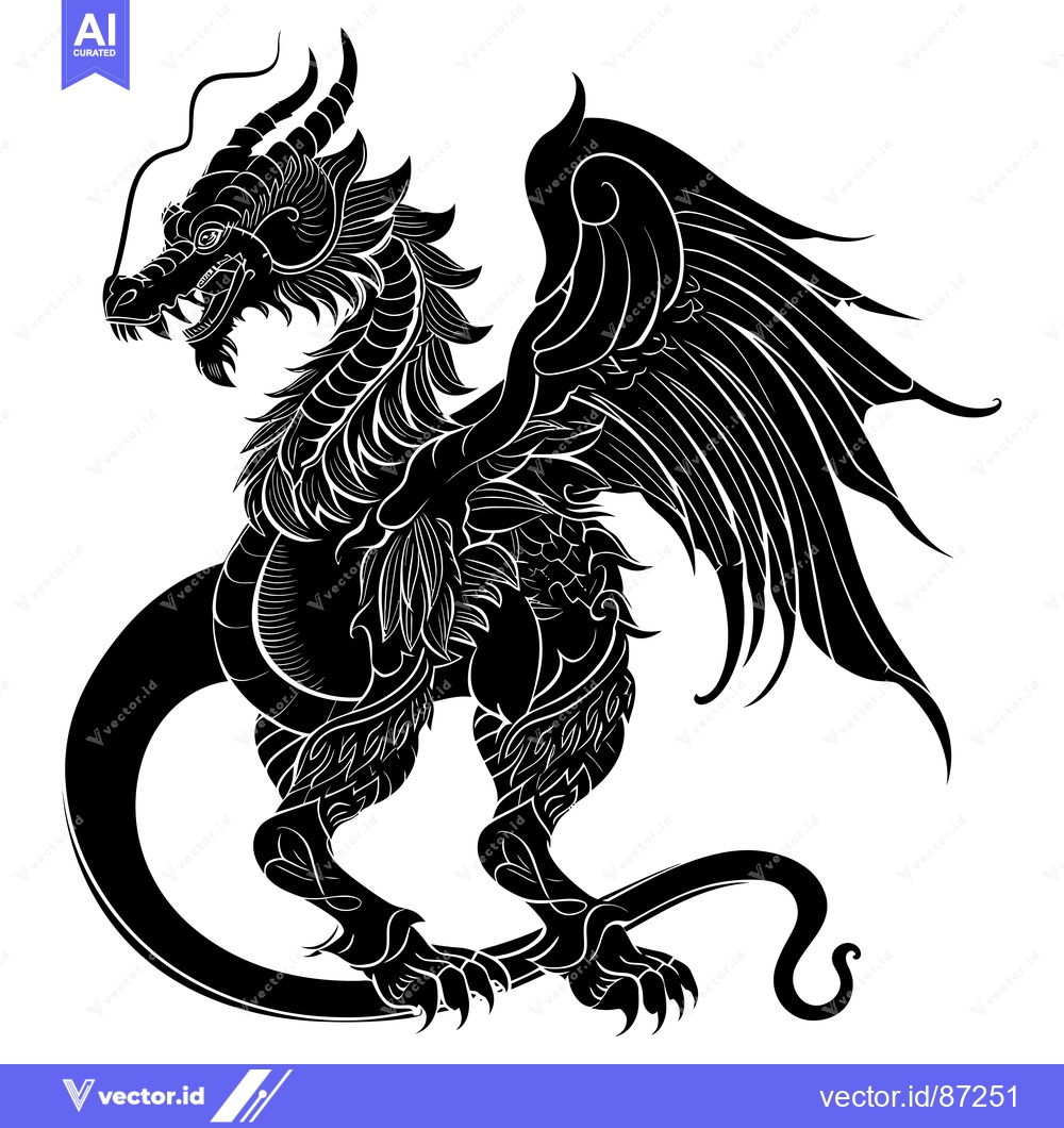 Premium Vector dari Black and White Silhouette of a Mythical Dragon with Wings