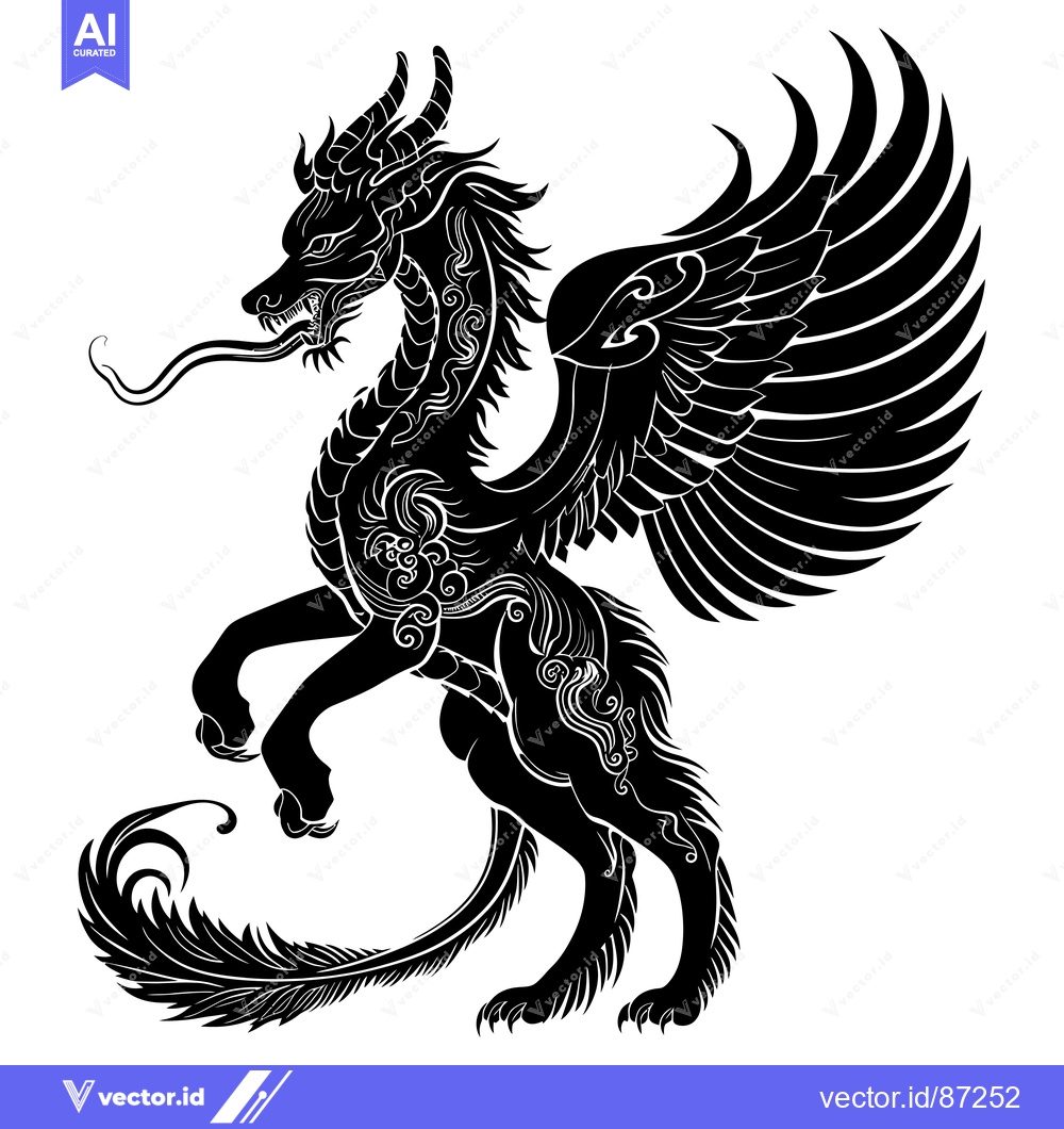 Premium Vector dari Winged, Ornate, Black Dragon with a Long Tail and Open Mouth