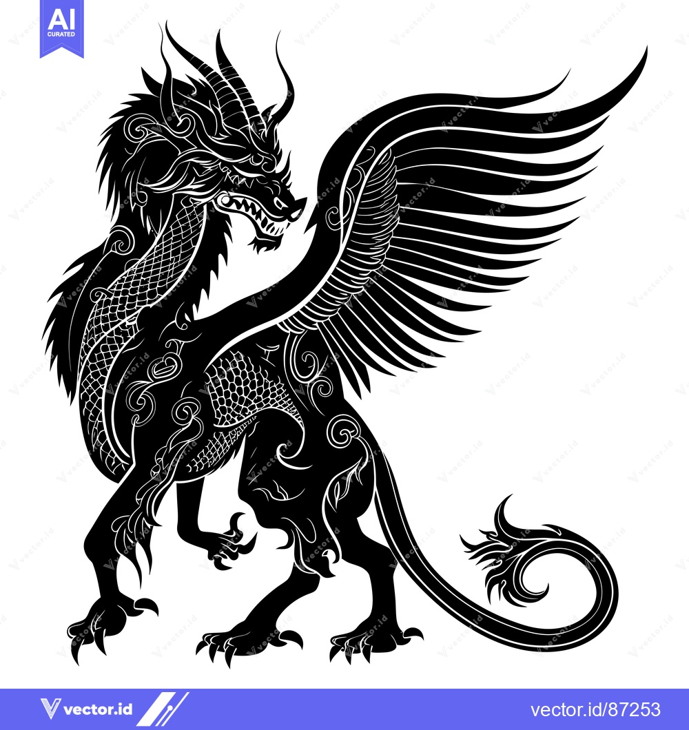 Premium Vector dari Black and White Ornate Winged Dragon Silhouette