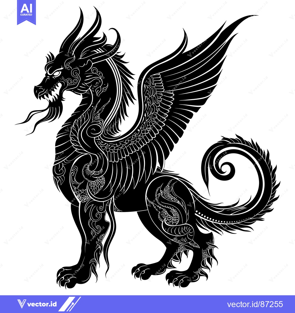 Premium Vector dari Black and White Ornate Dragon with Wings