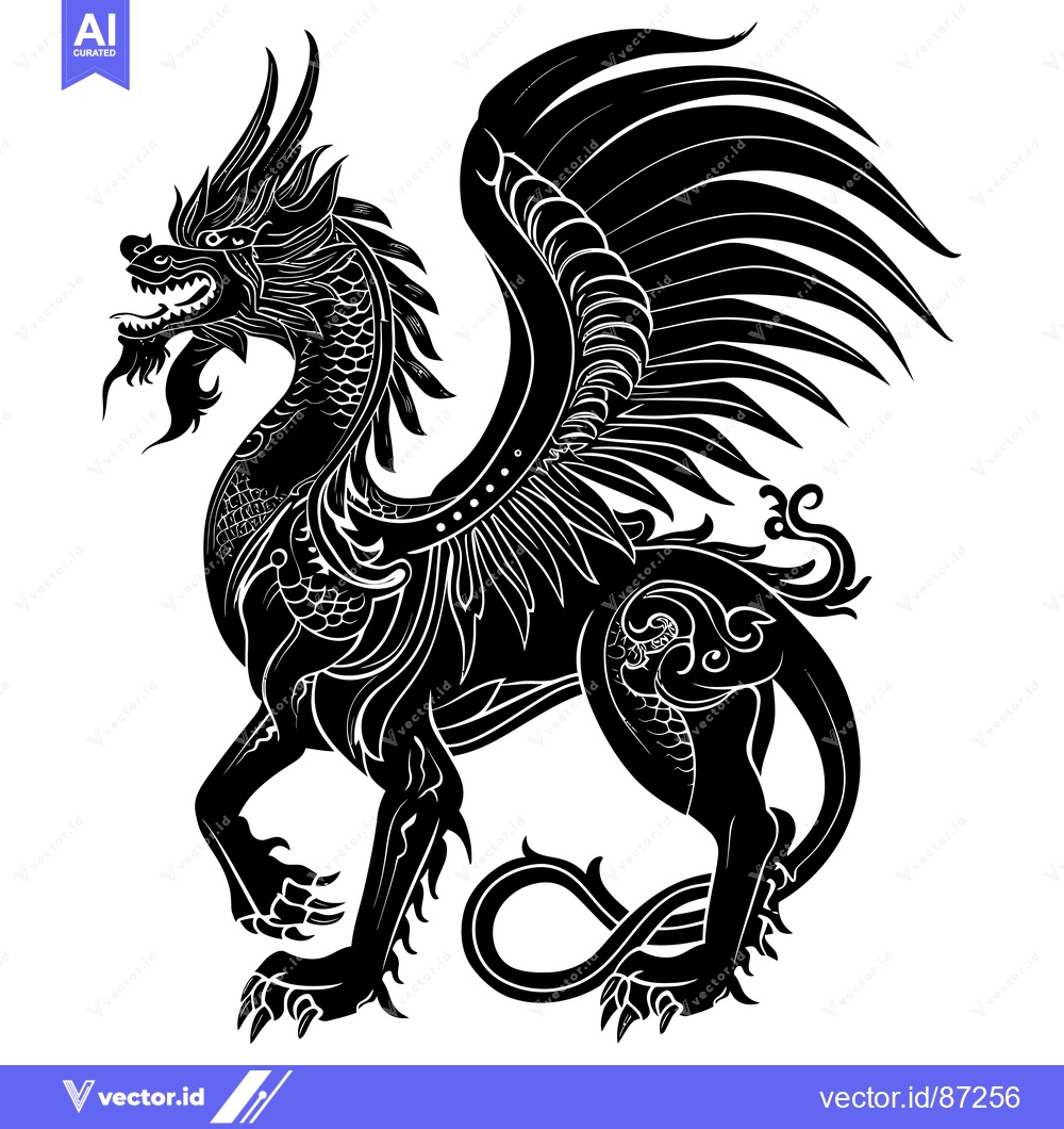 Premium Vector of A Black and White Stylized Illustration of a Dragon with Spread Wings