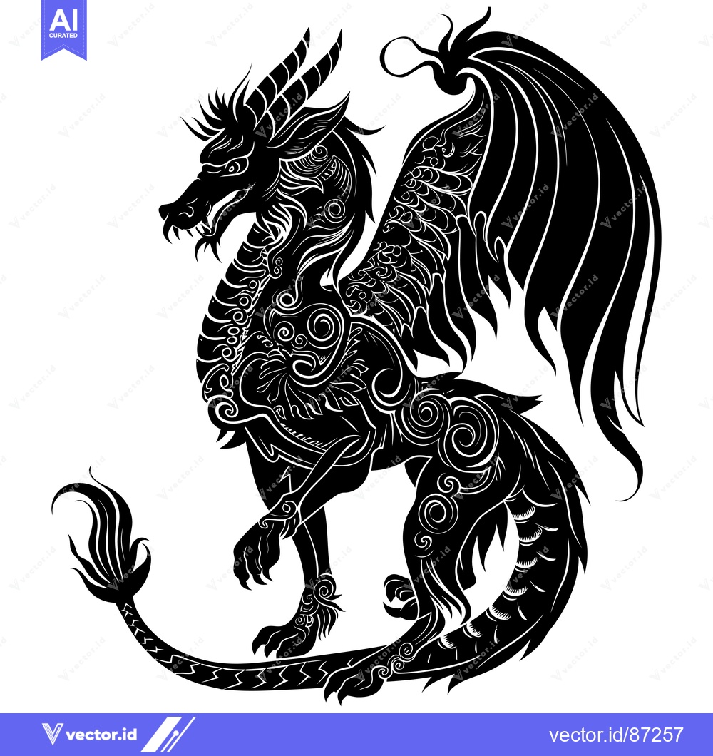 Premium Vector of Ornate Black and White Dragon with Spikes and Feathers