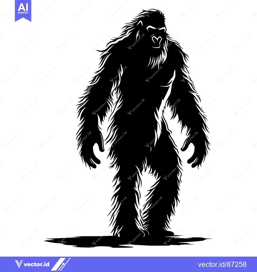 Premium Vector of Black and White Silhouette of a Bigfoot Standing on a White Background