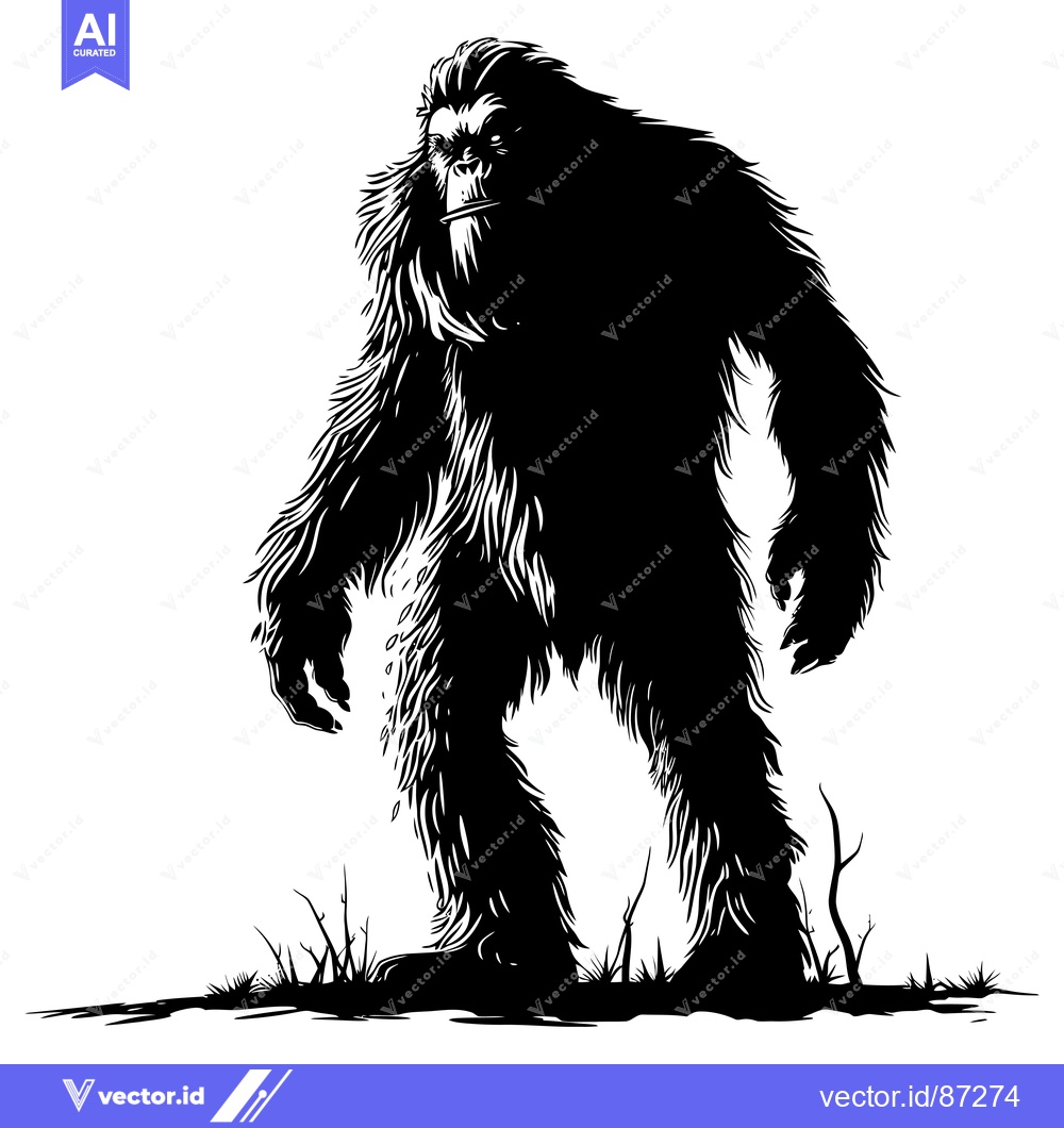 Premium Vector dari Black and White Silhouette of Bigfoot Standing in Grass