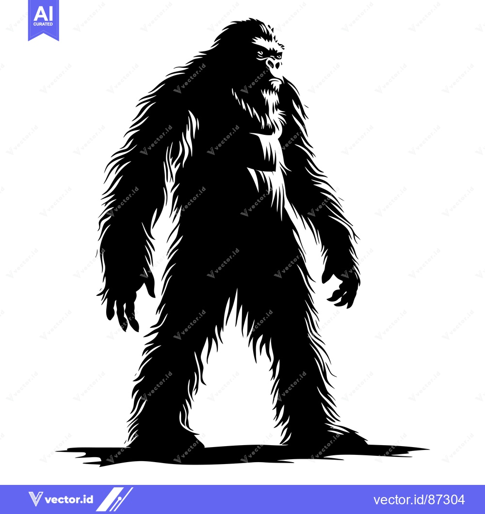 Premium Vector dari A black and white silhouette of Bigfoot standing upright