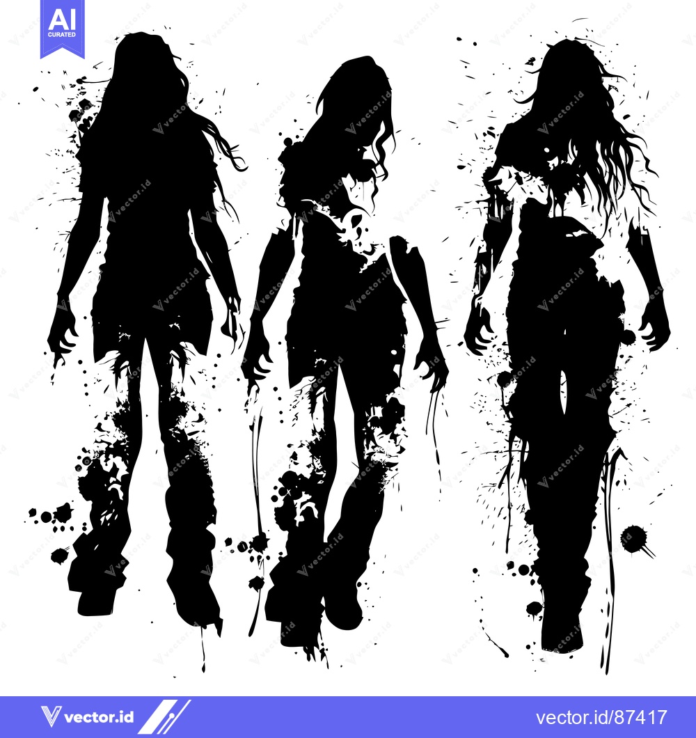 Premium Vector dari Three Silhouettes of Female Figures in Black with White Ink Splashes