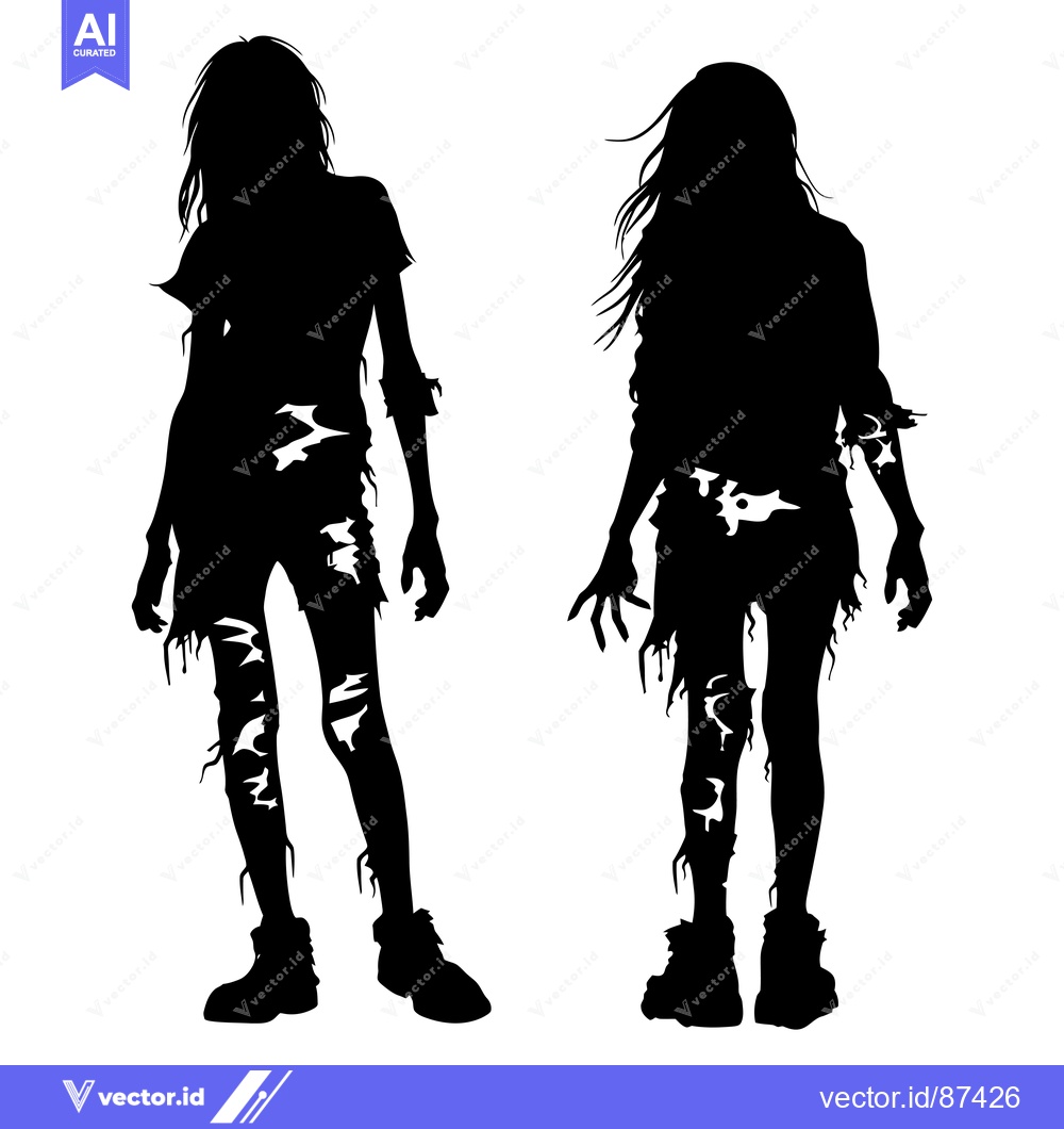Premium Vector dari Two Silhouettes of Female Zombies with Torn Clothing and Long Hair