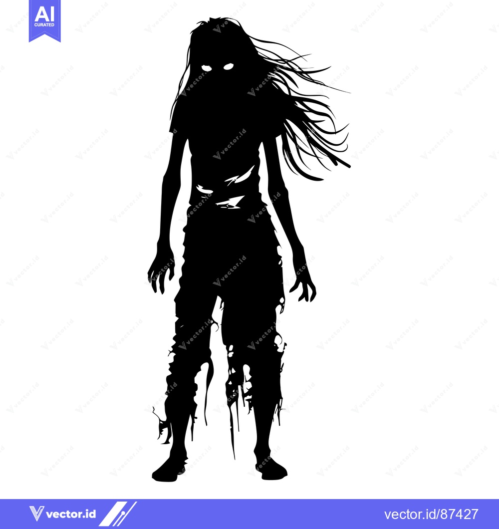 Premium Vector dari Silhouette of a female zombie with long hair and white eyes