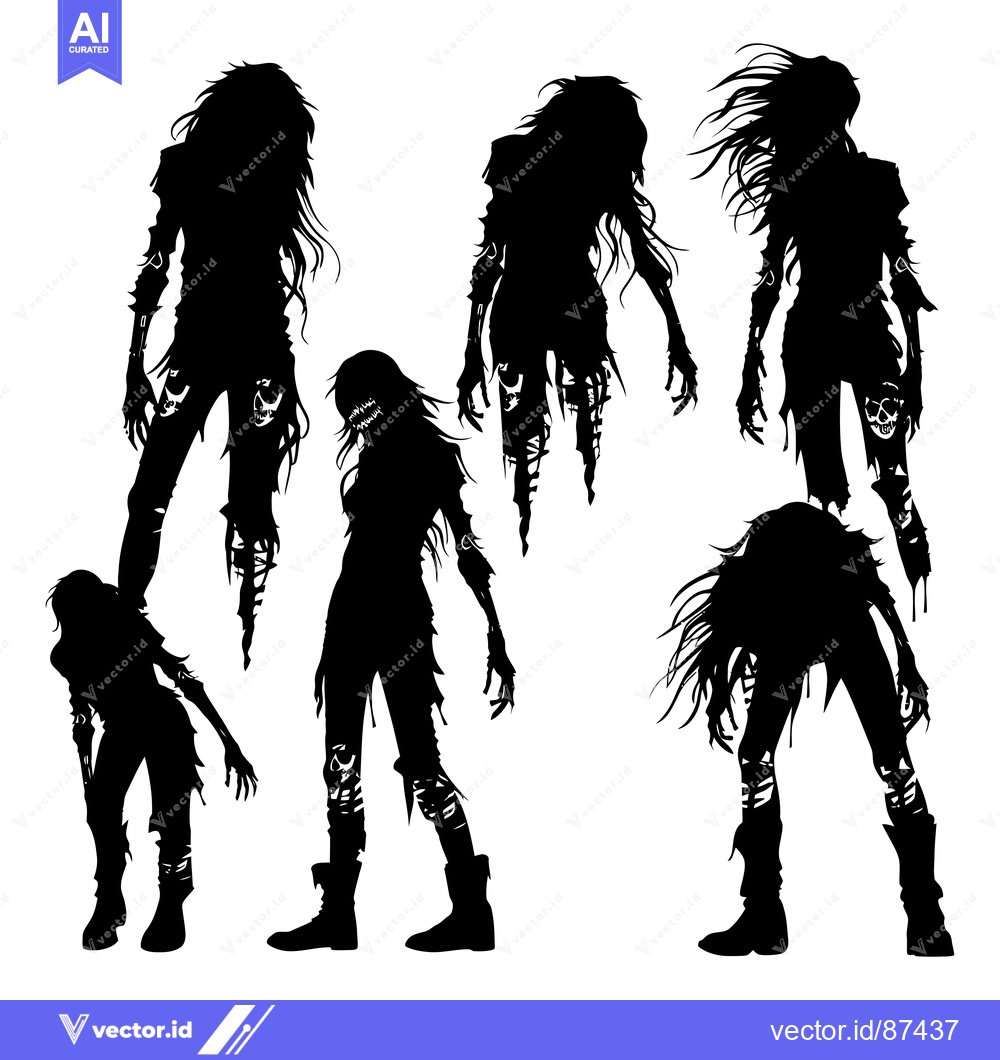 Premium Vector of Silhouettes of Five Female Zombies with Ripped Clothing and Skulls