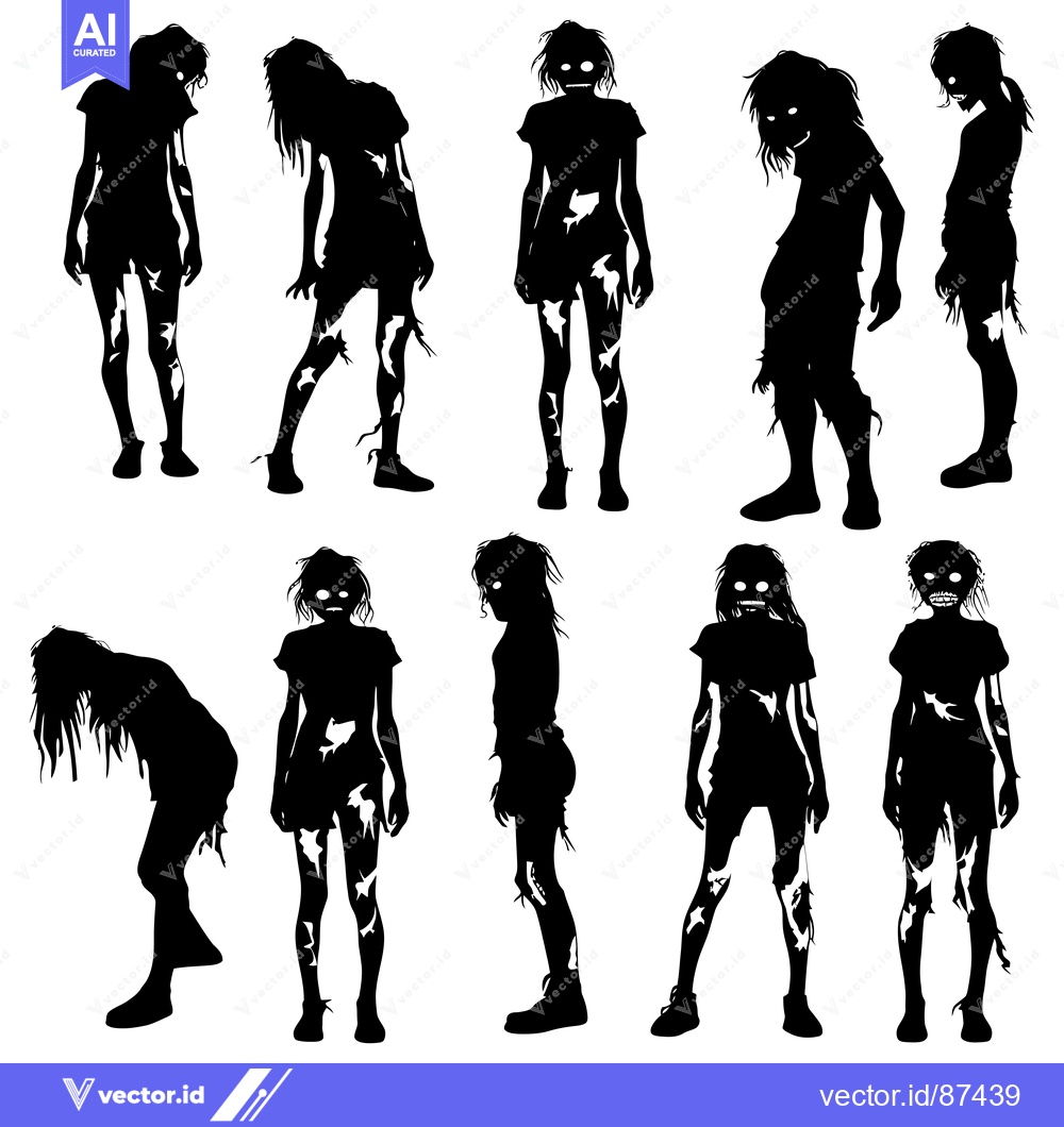 Premium Vector dari Silhouettes of Nine Decaying Zombies with Torn Clothing