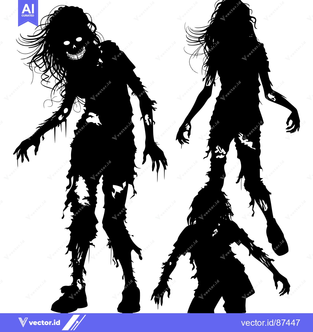 Premium Vector dari Three Black Silhouettes of Decaying Zombies with Grinning Faces