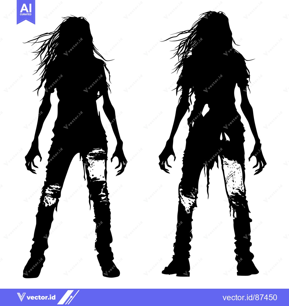 Premium Vector dari Two Silhouettes of Female Zombies in Black and White