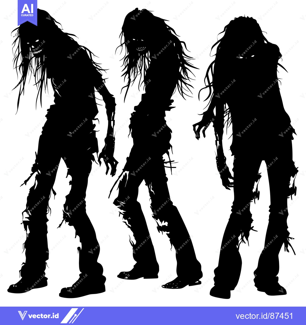 Premium Vector dari Three Silhouettes of Female Zombies with Ripped Clothing and Long Hair