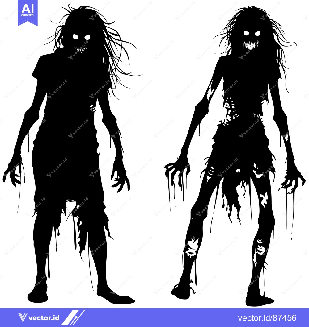 Premium Vector of Two Black Silhouettes of Female Zombies with Glowing Eyes
