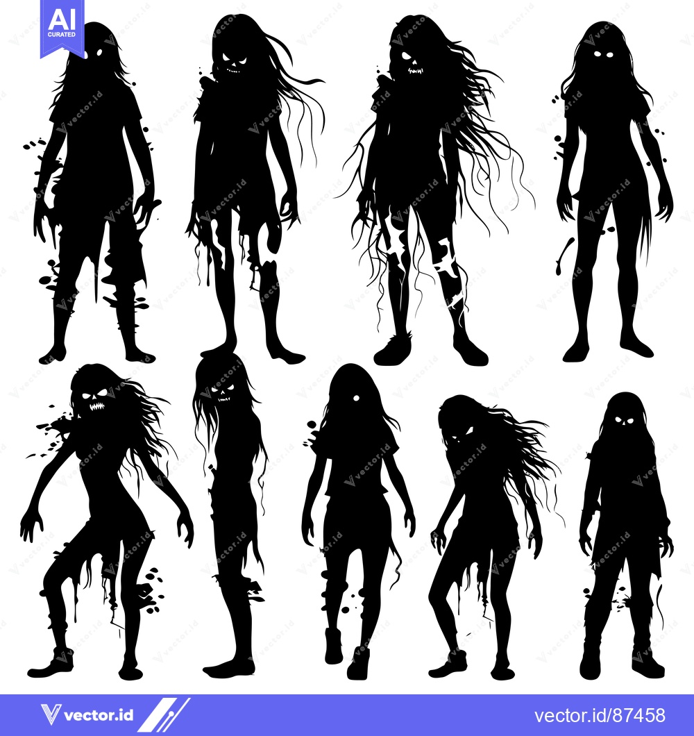 Premium Vector dari Silhouettes of Eight Decaying Female Zombies