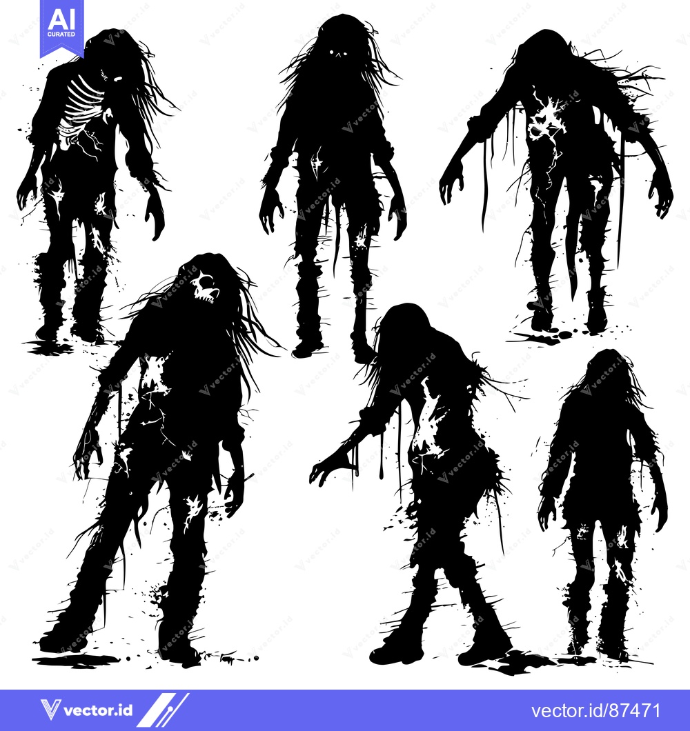 Premium Vector of Six Black and White Silhouettes of Female Zombies with Ripped Clothing