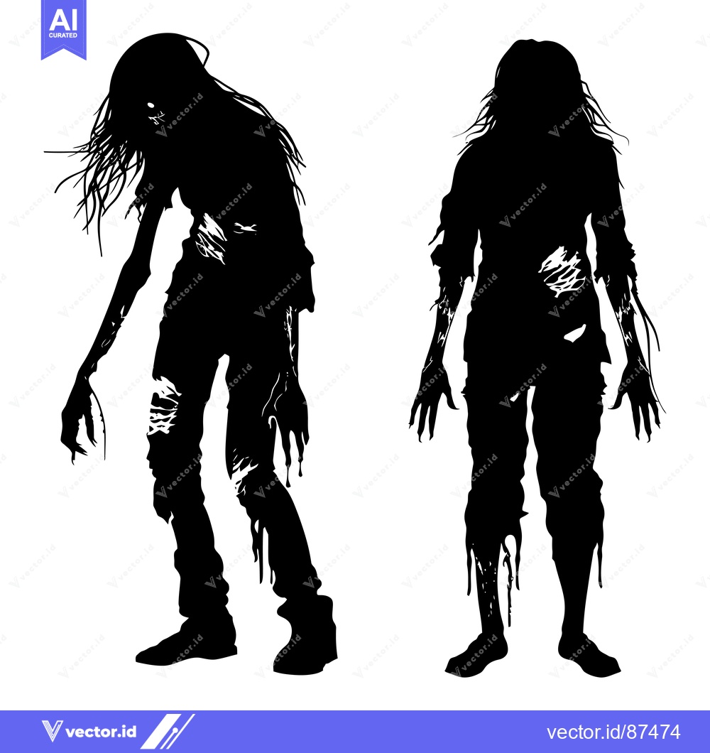 Premium Vector dari Two Black Silhouettes of Zombies With Torn Clothing