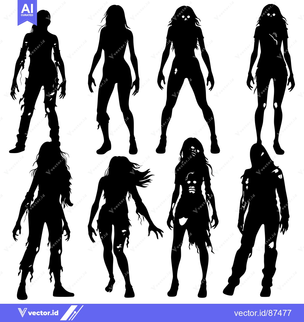 Premium Vector dari Black and white silhouettes of eight zombie figures