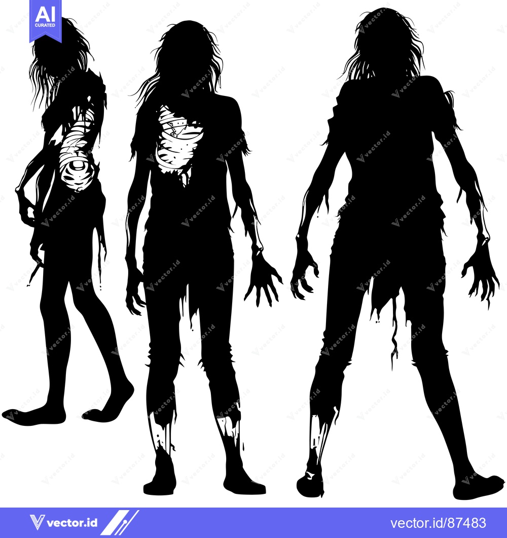 Premium Vector of Three Silhouettes of Decaying Zombies with Long Hair and Torn Clothing
