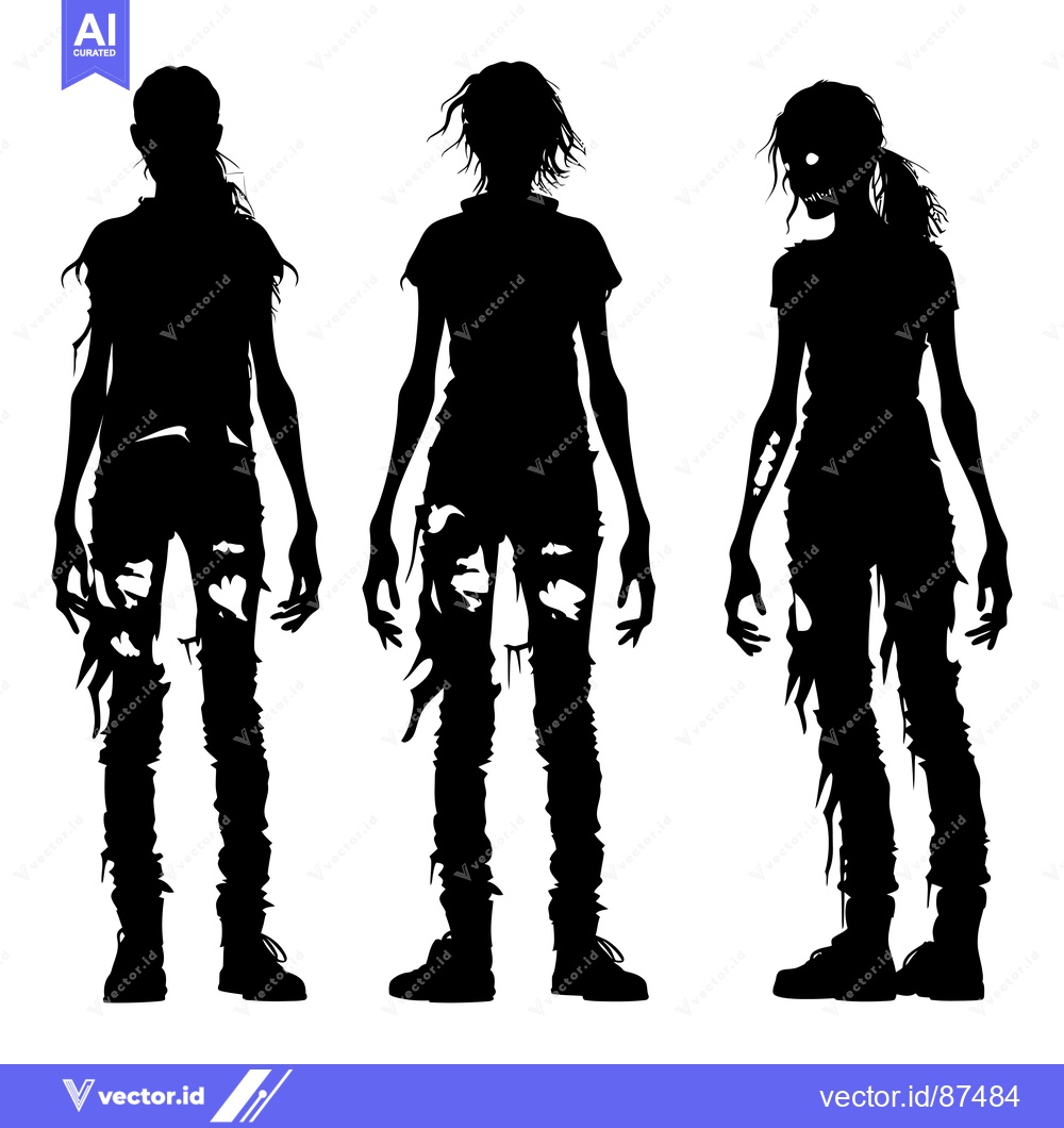 Premium Vector dari Three Black Silhouettes of Female Zombies in Ripped Clothing and Boots