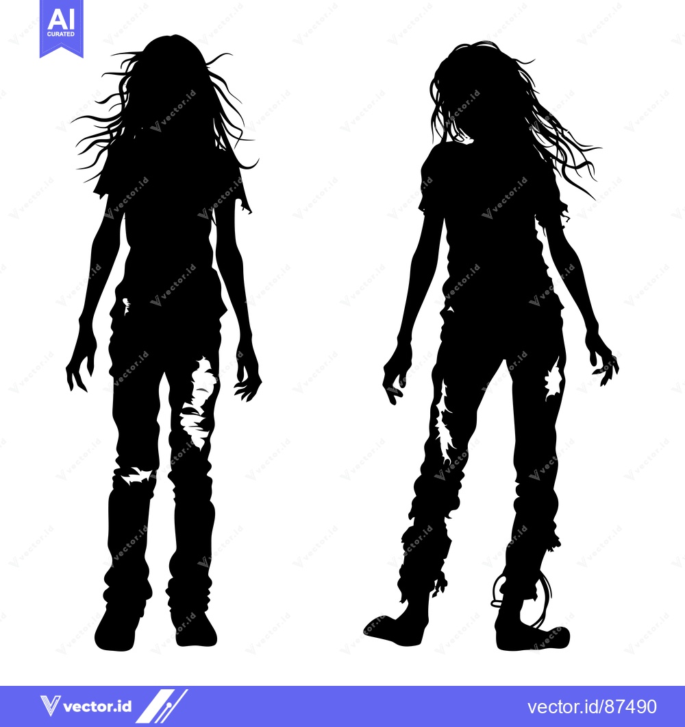Premium Vector of Two Female Zombie Silhouettes with Ripped Jeans and Long Hair