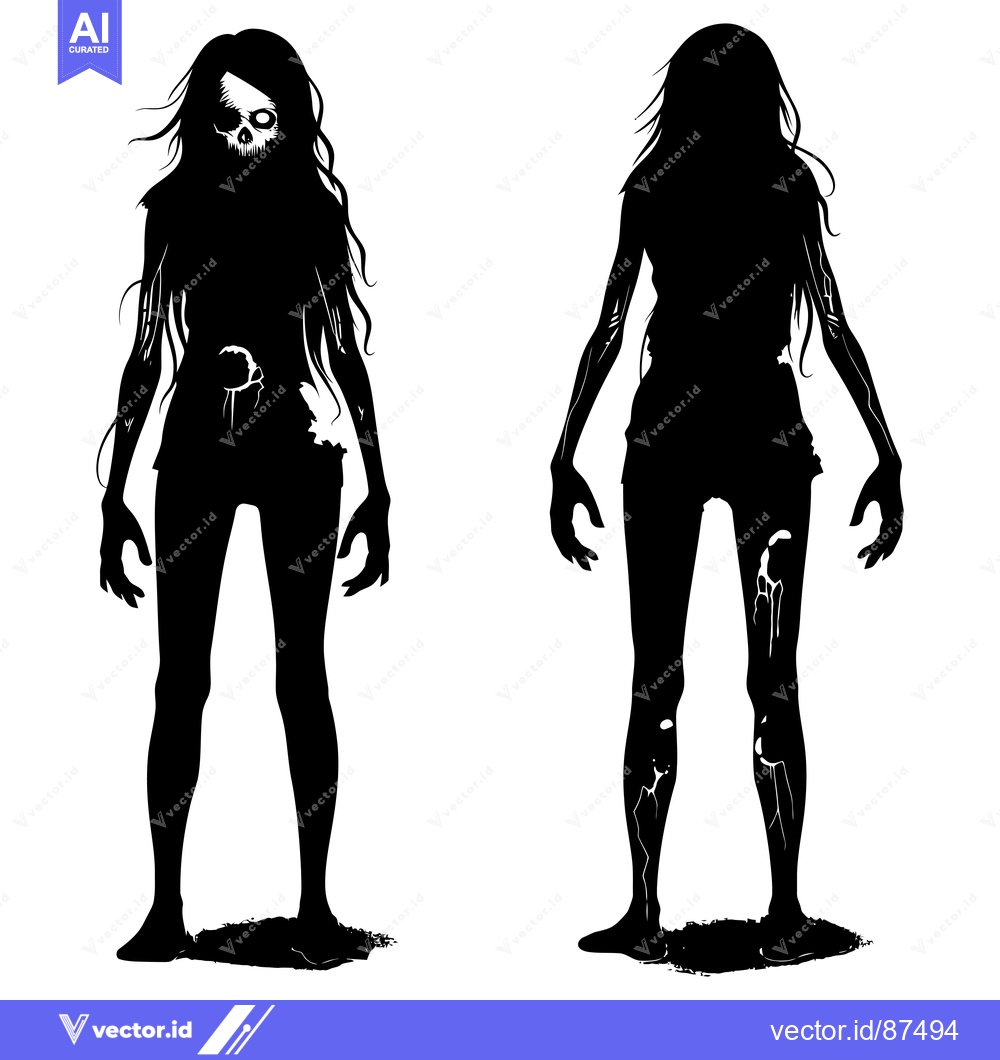 Premium Vector dari A Female Zombie Silhouette With Exposed Skull And Torn Flesh