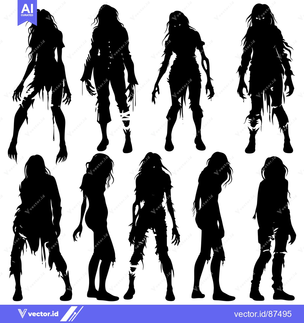 Premium Vector dari Silhouettes of nine female zombie figures in various poses.