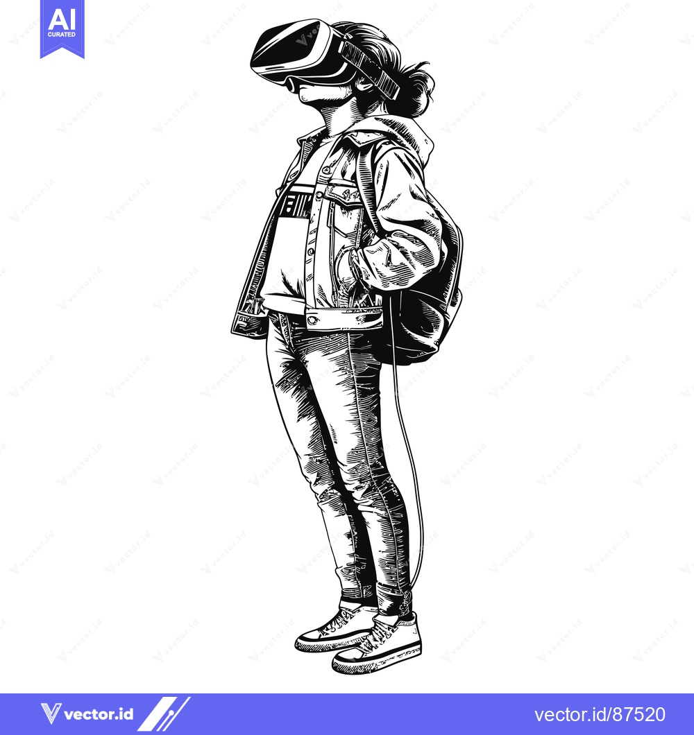 Premium Vector of A woman in a VR headset, wearing a denim jacket, with a backpack, stan