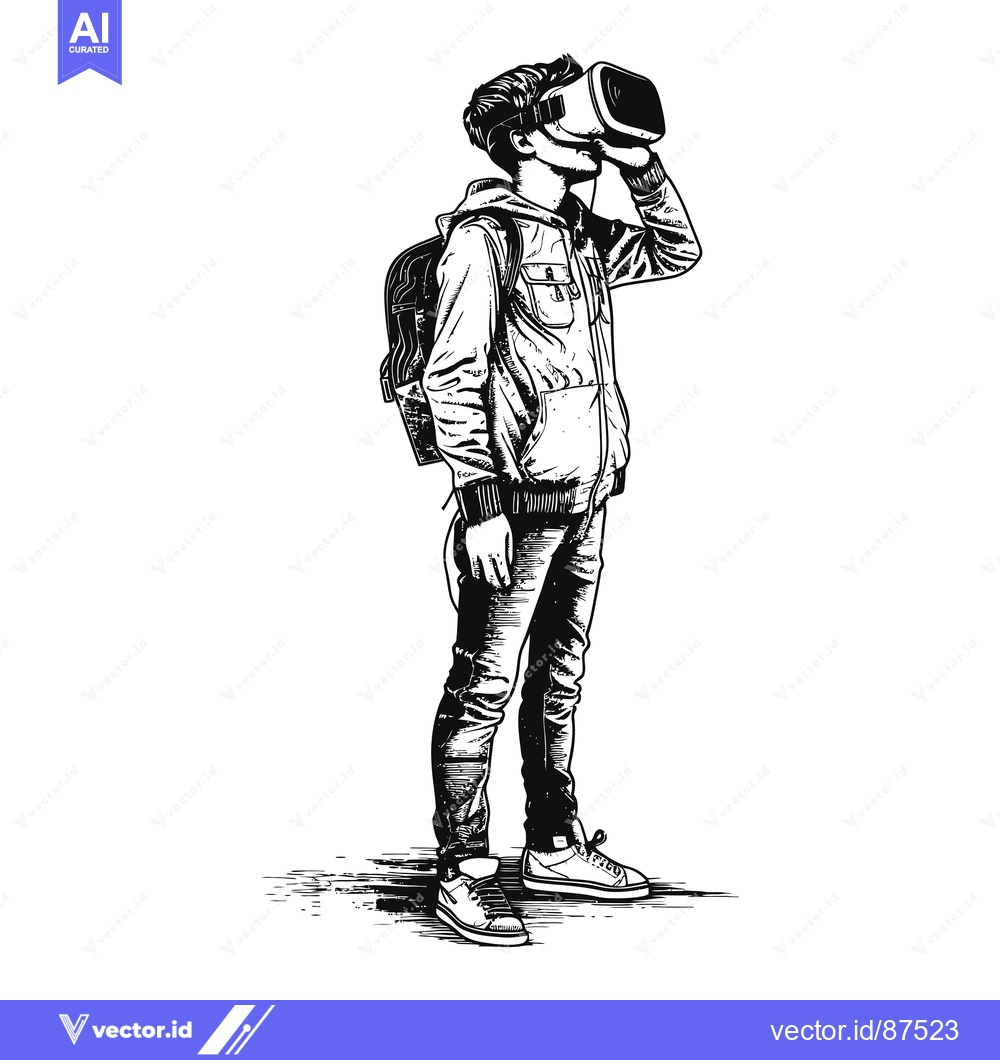 Premium Vector dari A young man wearing a virtual reality headset and backpack