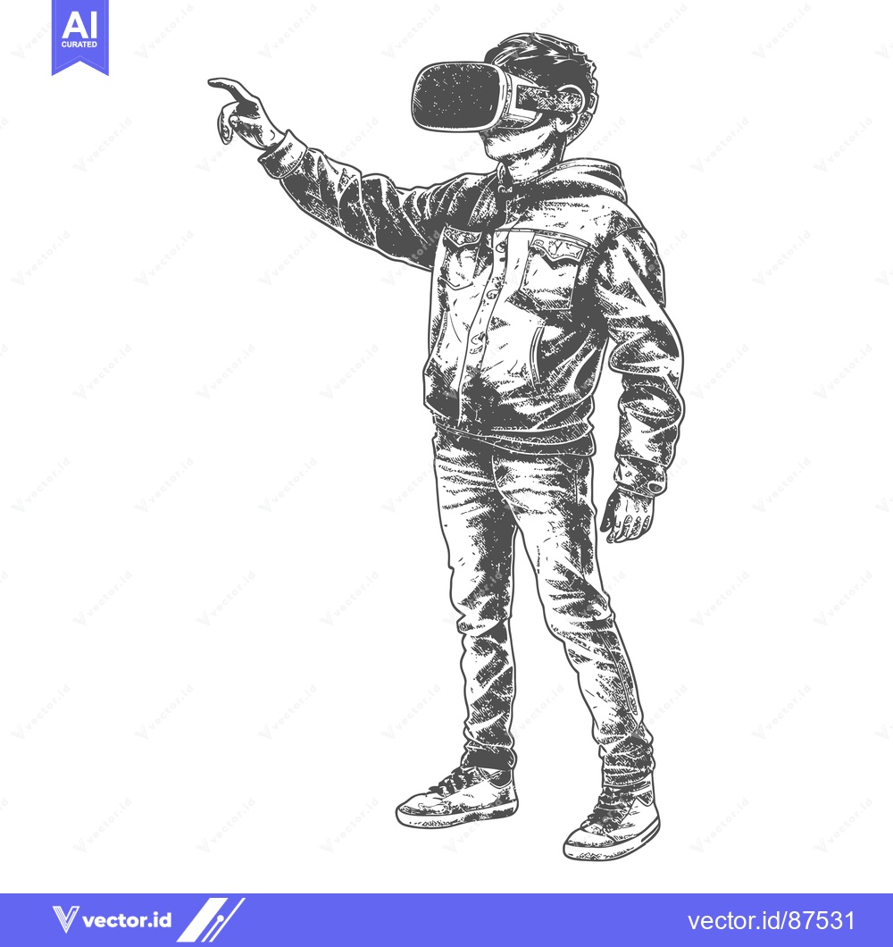 Premium Vector of A man wearing a VR headset and pointing with his right hand