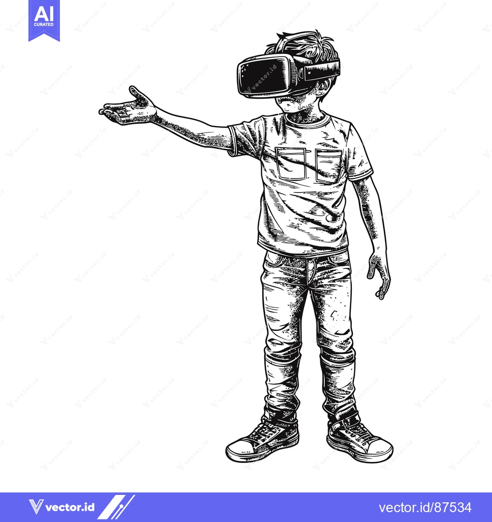 Premium Vector of Boy Wearing a VR Headset and Reaching Out with His Hand