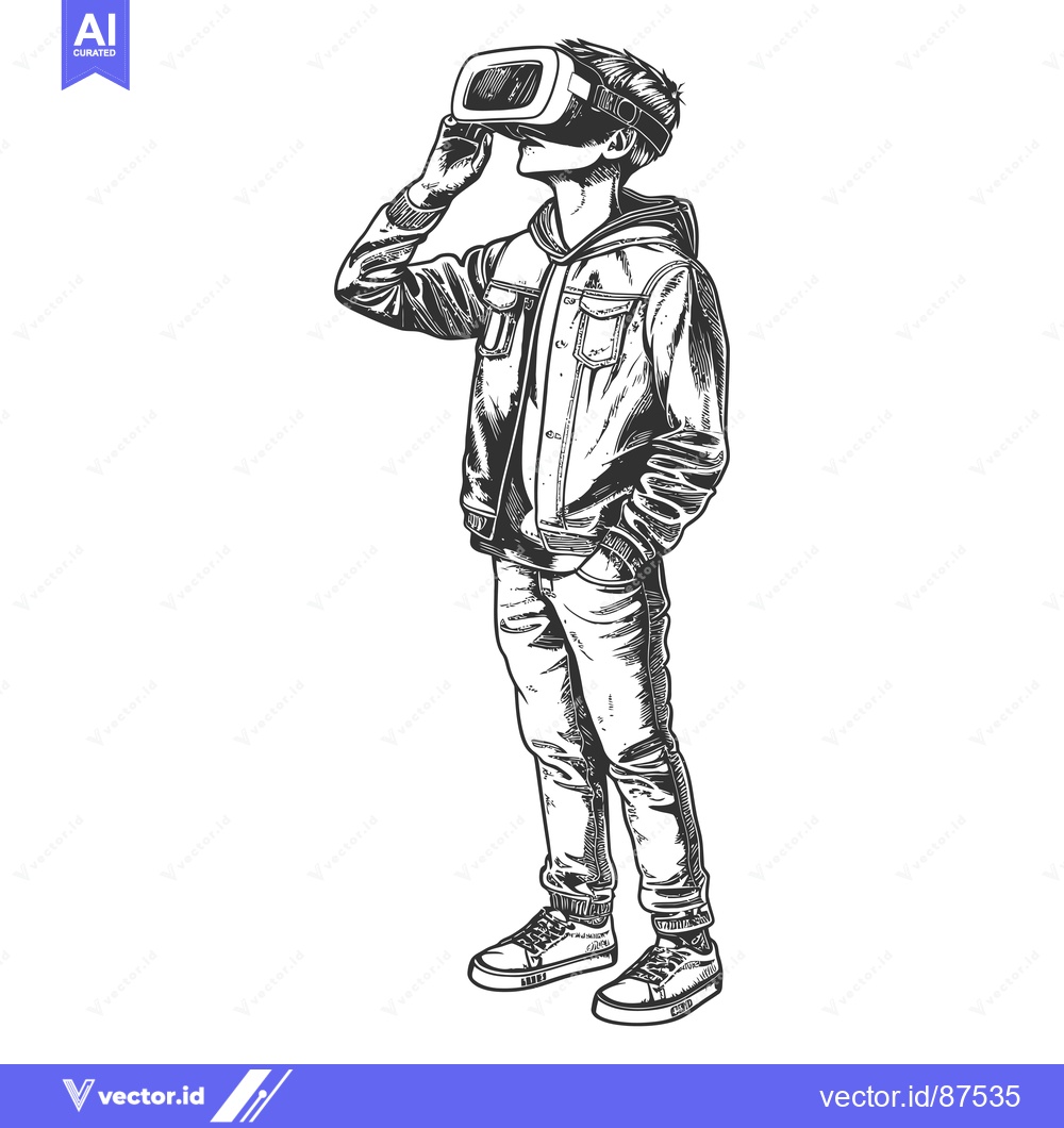 Premium Vector of A young man in casual clothing wearing a VR headset